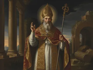 Pintura de estilo barroco: el papa San Inocencio I con báculo entre ruinas romanas
