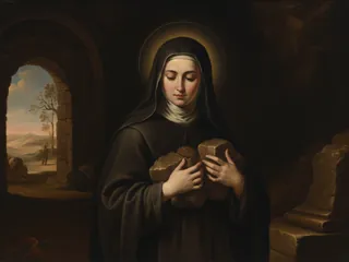 Pintura de estilo barroco: Santa Eufrasia, joven monja, haciendo trabajos humildes en el monasterio