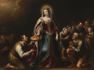 Pintura de estilo barroco: Santa Matilde, reina, repartiendo pan a los pobres