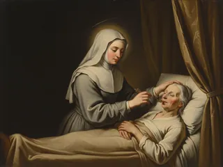 Pintura de estilo barroco: Santa Luisa de Marillac, Hija de la Caridad, atendiendo a una enferma