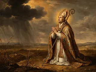 Pintura de estilo barroco: San Heriberto de Colonia rezando mientras la lluvia cae sobre los campos