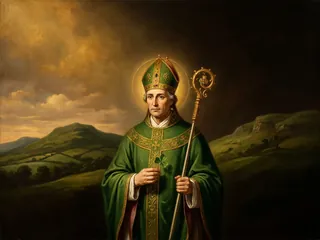 Pintura de estilo barroco: San Patricio, obispo, con el trébol y el báculo ante las colinas de Irlanda