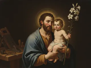 Pintura de estilo barroco: San José con el Niño Jesús en brazos y la vara florecida de azucenas