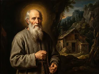Pintura de estilo barroco: San Nicolás de Flüe, ermitaño suizo, con un rosario