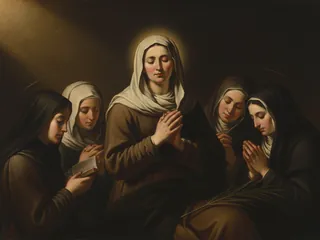 Pintura de estilo barroco: Santa Lea de Roma, viuda, rezando con otras mujeres consagradas