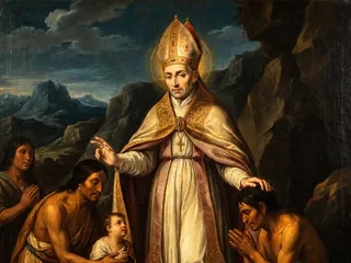 Pintura de estilo barroco: Santo Toribio de Mogrovejo, arzobispo de Lima, bendiciendo a los pueblos de los Andes