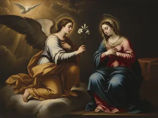 Pintura de estilo barroco: la Anunciación: el arcángel Gabriel ante la Virgen María, con la azucena y la paloma del Espíritu Santo