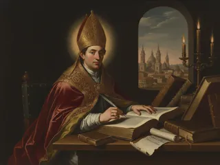 Pintura de estilo barroco: San Braulio de Zaragoza, obispo, escribiendo entre libros