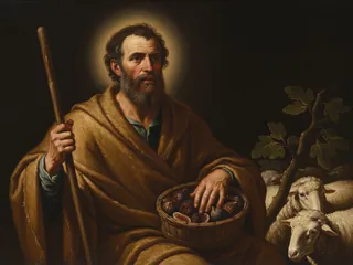 Pintura de estilo barroco: el profeta Amós, pastor, con su cayado y las ovejas