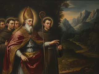 Pintura de estilo barroco: San Hugo de Grenoble, obispo, guiando a San Bruno a la Cartuja