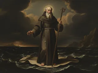 Pintura de estilo barroco: San Francisco de Paula, ermitaño de barba blanca, cruzando el mar sobre su manto