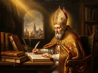 Pintura de estilo barroco: San Isidoro de Sevilla, obispo, escribiendo entre libros