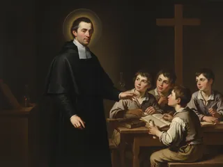 Pintura de estilo barroco: San Juan Bautista de La Salle enseñando a niños pobres