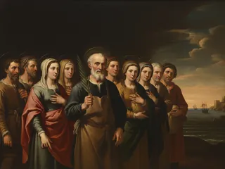 Pintura de estilo barroco: los mártires de Otranto junto al mar, con palmas