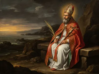 Pintura de estilo barroco: el papa San Martín I desterrado en una costa rocosa, con la palma