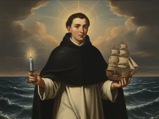 Pintura de estilo barroco: San Telmo, dominico, con un barco y una vela encendida