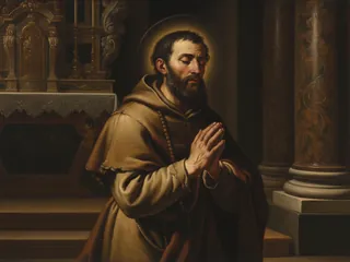 Pintura de estilo barroco: San Benito José Labre, peregrino pobre, rezando con un rosario