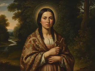 Pintura de estilo barroco: Santa Catalina Tekakwitha, joven mohawk, con una cruz de madera