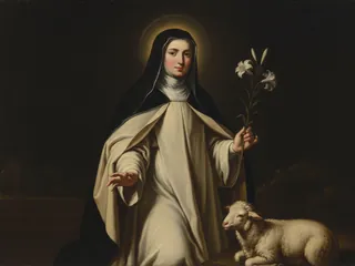 Pintura de estilo barroco: Santa Inés de Montepulciano, dominica, con un lirio y un cordero