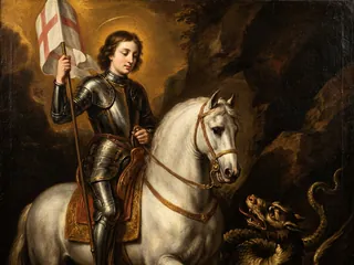 Pintura de estilo barroco: San Jorge a caballo con armadura y el estandarte de la cruz roja, con el dragón vencido