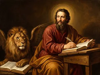Pintura de estilo barroco: San Marcos evangelista escribiendo el Evangelio con el león alado