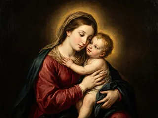 Pintura de estilo barroco: la Virgen del Buen Consejo abrazando al Niño Jesús mejilla con mejilla