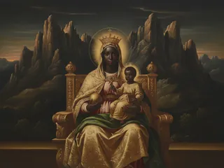Pintura de estilo barroco: la Virgen de Montserrat, la Moreneta, entronizada con el Niño ante las montañas