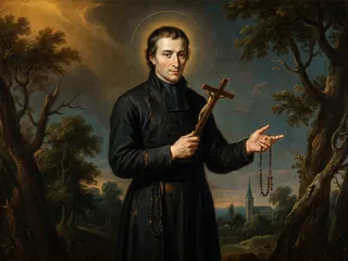 Pintura de estilo barroco: San Luis María Grignion de Montfort predicando con crucifijo y rosario