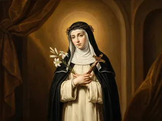 Pintura de estilo barroco: Santa Catalina de Siena, dominica, con un lirio y un crucifijo