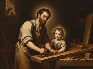 Pintura de estilo barroco: San José Obrero en el taller de Nazaret con el Niño Jesús ayudándole