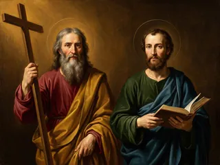 Pintura de estilo barroco: los apóstoles San Felipe, con la cruz, y Santiago el Menor, con un libro