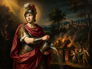 Pintura de estilo barroco: San Florián, soldado romano, apagando con agua una casa en llamas