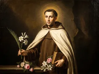 Pintura de estilo barroco: San Ángel de Jerusalén, carmelita, con la palma, rosas y lirios
