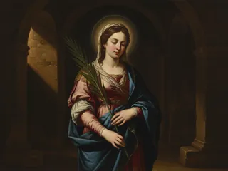 Pintura de estilo barroco: Santa Flavia Domitila a la entrada de las catacumbas, con la palma