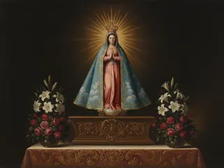 Pintura de estilo barroco: la Virgen de Luján con su manto celeste y blanco sobre el altar