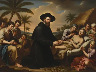 Pintura de estilo barroco: San Damián de Molokai cuidando a los enfermos en la isla