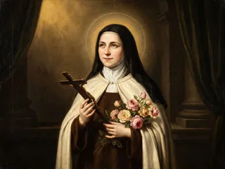 Pintura de estilo barroco: Santa Teresa del Niño Jesús con el crucifijo y un ramo de rosas