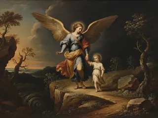 Pintura de estilo barroco: el ángel de la guarda protegiendo a un niño junto a un precipicio