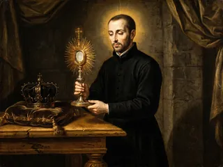 Pintura de estilo barroco: San Francisco de Borja, jesuita, con la custodia y la corona ducal dejada a un lado