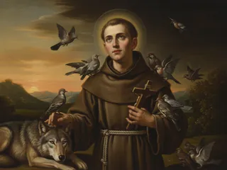 Pintura de estilo barroco: San Francisco de Asís rodeado de pájaros y con el lobo