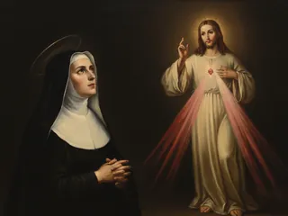 Pintura de estilo barroco: Santa Faustina Kowalska ante la imagen de la Divina Misericordia