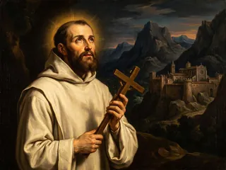 Pintura de estilo barroco: San Bruno con hábito blanco de cartujo y una cruz