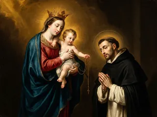 Pintura de estilo barroco: la Virgen del Rosario con el Niño entregando el rosario a Santo Domingo