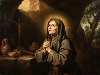Pintura de estilo barroco: Santa Pelagia rezando en su celda