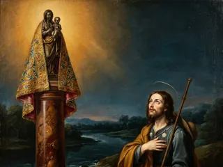 Pintura de estilo barroco: la Virgen del Pilar sobre la columna, con el apóstol Santiago peregrino junto al Ebro