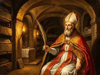 Pintura de estilo barroco: el papa San Calixto I con la palma en las catacumbas
