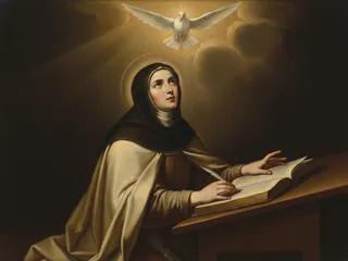 Pintura de estilo barroco: Santa Teresa de Ávila escribiendo con la paloma del Espíritu Santo