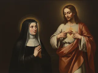 Pintura de estilo barroco: Santa Margarita María de Alacoque ante el Sagrado Corazón de Jesús