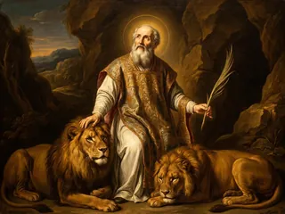 Pintura de estilo barroco: San Ignacio de Antioquía, obispo, con la palma y dos leones mansos