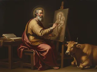 Pintura de estilo barroco: San Lucas pintando a la Virgen con el Niño, con el buey a su lado